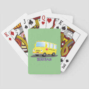 Cute happy yellow school bus cartoon playing cards
