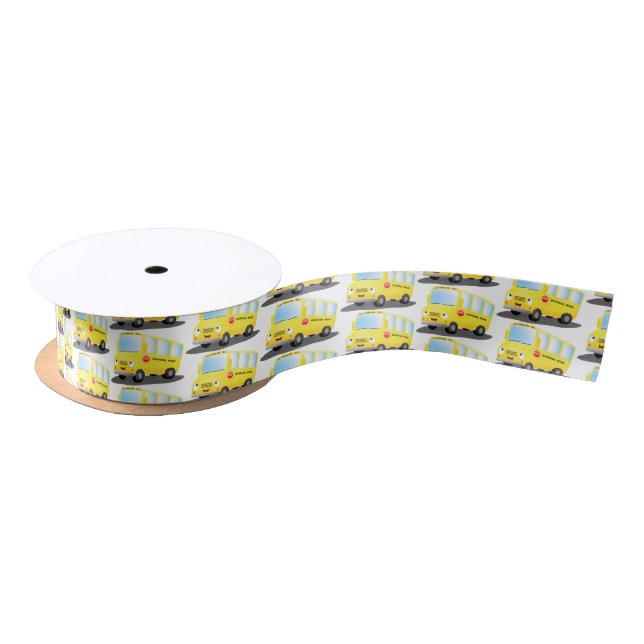 Cute happy yellow school bus cartoon satin ribbon (Spool)