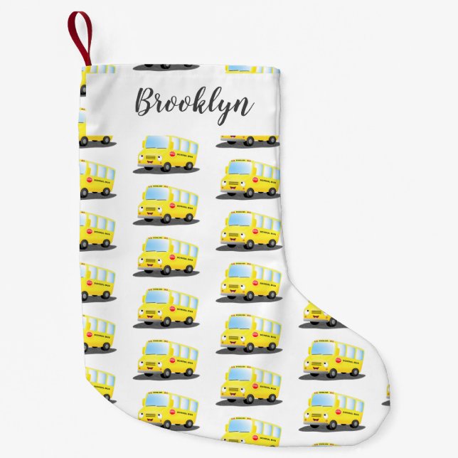 Cute happy yellow school bus cartoon small christmas stocking (Front)