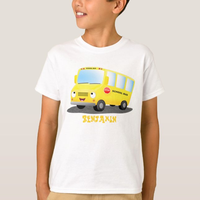 Cute happy yellow school bus cartoon T-Shirt (Front)