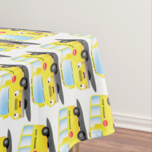 Cute happy yellow school bus cartoon tablecloth
