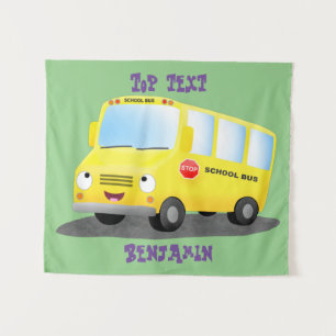 Cute happy yellow school bus cartoon tapestry