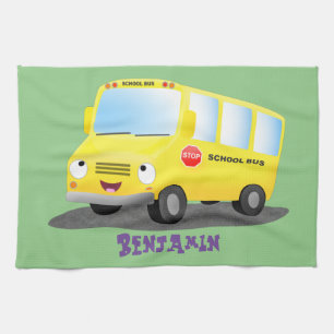 Cute happy yellow school bus cartoon tea towel