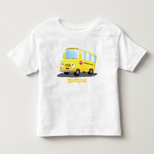 Cute happy yellow school bus cartoon toddler T-Shirt (Front)