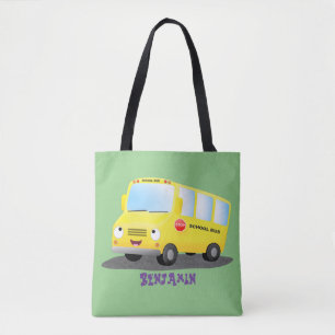 Cute happy yellow school bus cartoon  tote bag