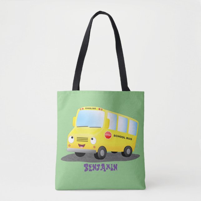 Cute happy yellow school bus cartoon  tote bag (Front)