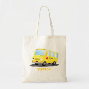Cute happy yellow school bus cartoon tote bag
