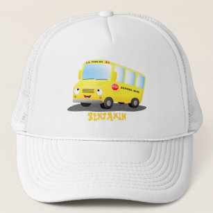 Cute happy yellow school bus cartoon trucker hat