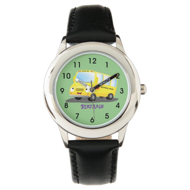 Cute happy yellow school bus cartoon watch (Front)