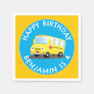 Cute happy yellow school bus personalised birthday napkin