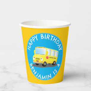 Cute happy yellow school bus personalised birthday paper cups
