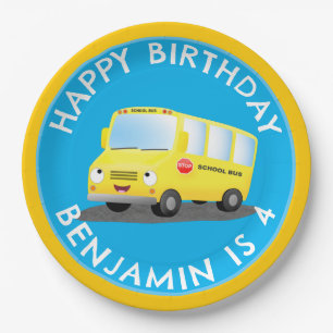Cute happy yellow school bus personalised birthday paper plate