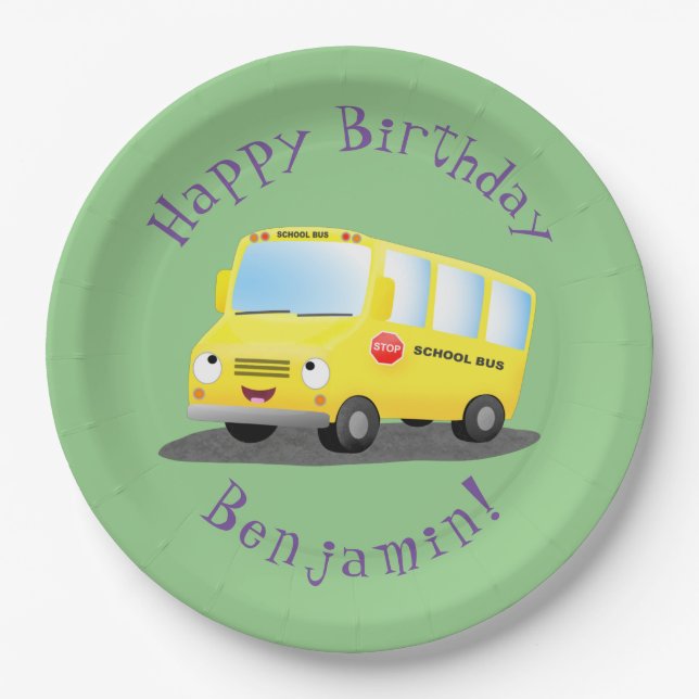 Cute happy yellow school bus personalised birthday paper plate (Front)