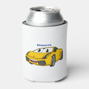 Cute happy yellow sports car cartoon can cooler