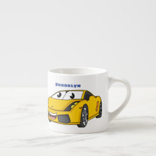 Cute happy yellow sports car cartoon espresso cup