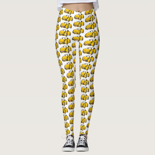 Cute happy yellow sports car cartoon leggings (Front)