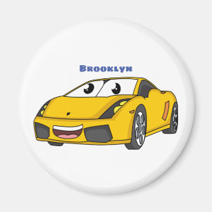 Cute happy yellow sports car cartoon magnet