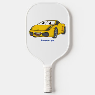 Cute happy yellow sports car cartoon pickleball paddle