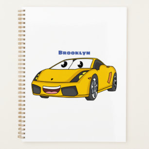 Cute happy yellow sports car cartoon planner