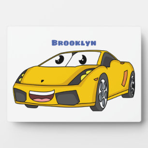 Cute happy yellow sports car cartoon plaque