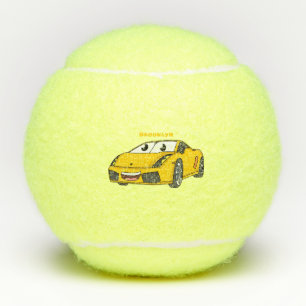 Cute happy yellow sports car cartoon tennis balls