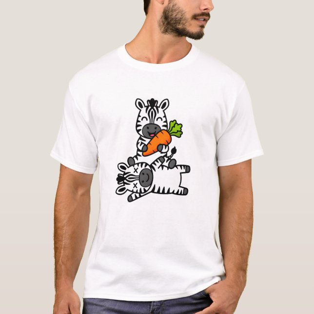 Cute Happy Zebra with Carrot Cartoon Fun Animal T-Shirt (Front)