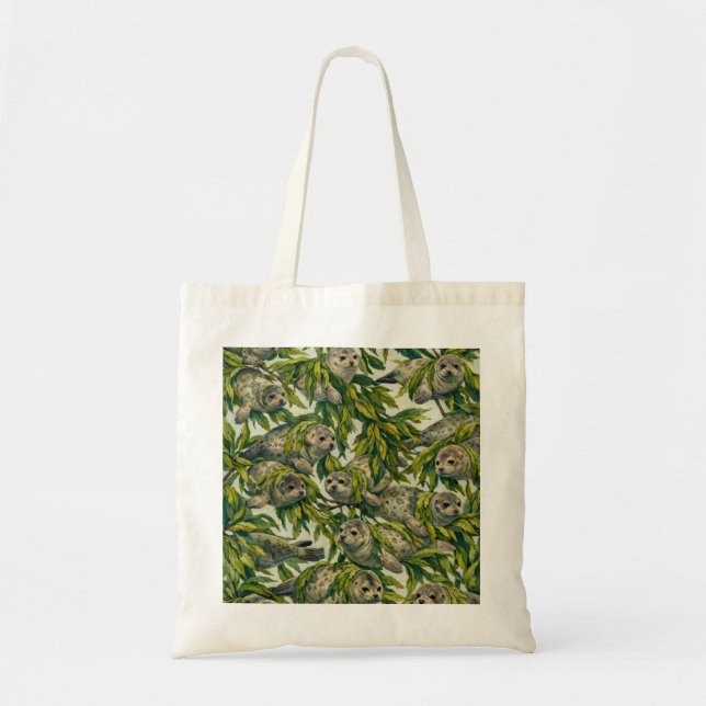 Cute Harbour Seals and Seaweed Pattern Tote Bag (Front)