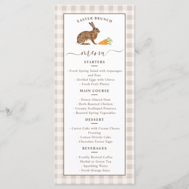Cute Hare And Carrots Beige Gingham Easter Brunch Menu (Front)