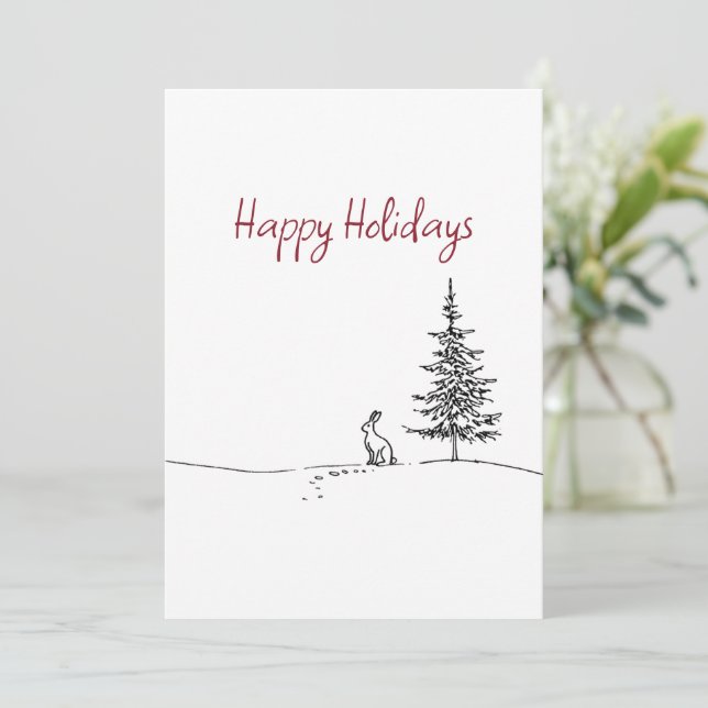 Cute Hare and Tree Line Art Festive Christmas  Holiday Card (Standing Front)