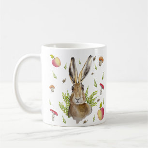 Cute hare with a background of apples and mushroom coffee mug