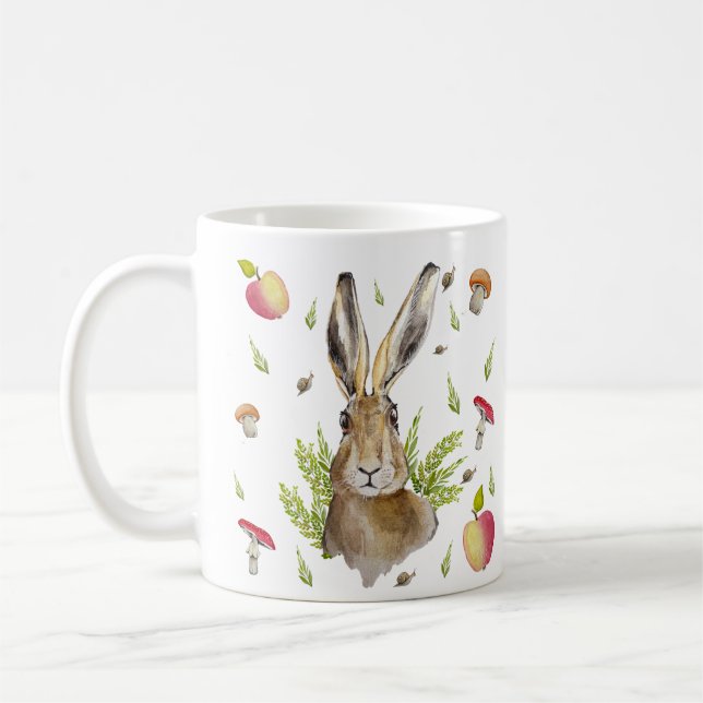 Cute hare with a background of apples and mushroom coffee mug (Left)