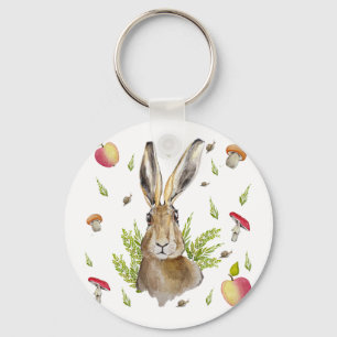 Cute hare with a background of apples and mushroom key ring