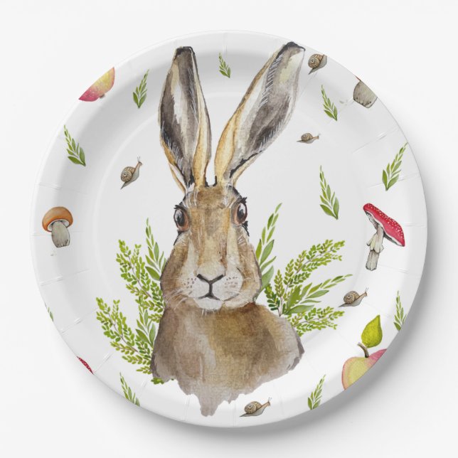 Cute hare with a background of apples and mushroom paper plate (Front)