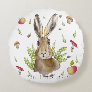 Cute hare with a background of apples and mushroom round cushion