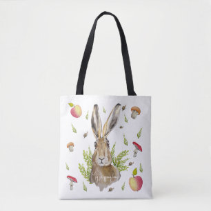 Cute hare with a background of apples and mushroom tote bag