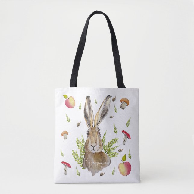 Cute hare with a background of apples and mushroom tote bag (Front)