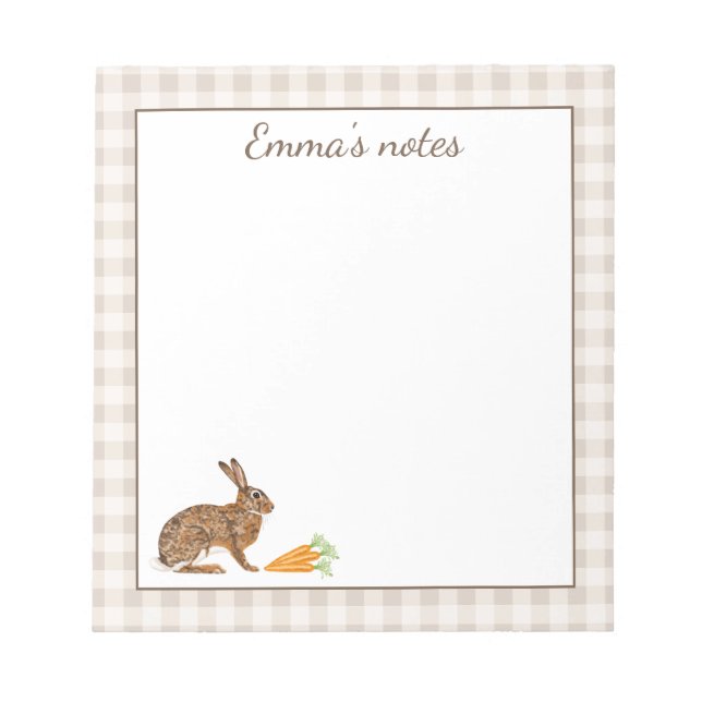 Cute Hare With Carrots On Beige Gingham Easter Notepad (Front)