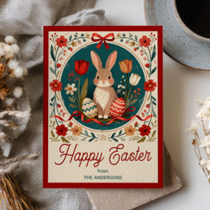 Cute Hare with Eggs& Spring Flowers Happy Easter Postcard
