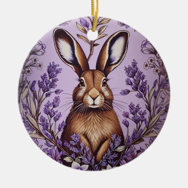 Cute Hare With Lavender William Morris Inspired  Ceramic Tree Decoration (Front)