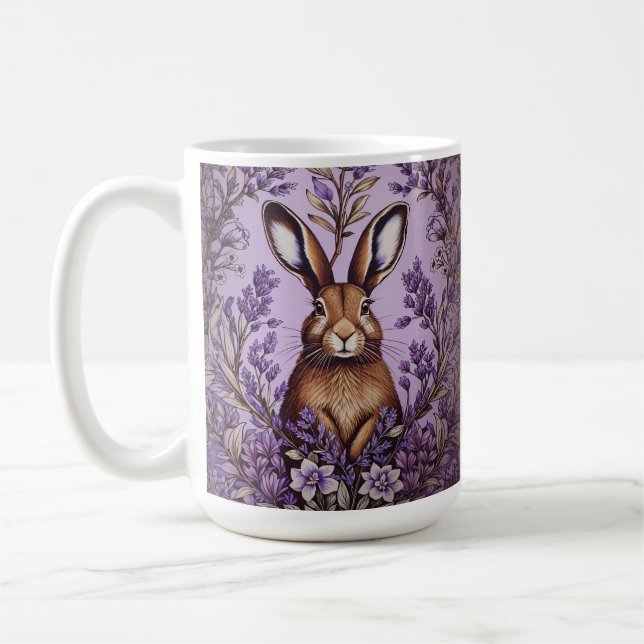 Cute Hare With Lavender William Morris Inspired  Coffee Mug (Left)
