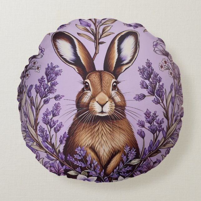 Cute Hare With Lavender William Morris Inspired  Round Cushion (Front)