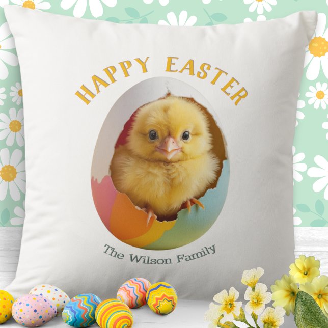 Cute Hatching Chick Colourful Happy Easter Egg Cushion (A pillow with Happy Easter words and picture of a cute yellow chick hatching out of a colorful egg)