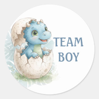 Cute Hatching Dinosaur Team Boy Gender Reveal Classic Round Sticker