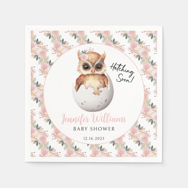 Cute hatching owl baby girl shower paper napkins (Front)
