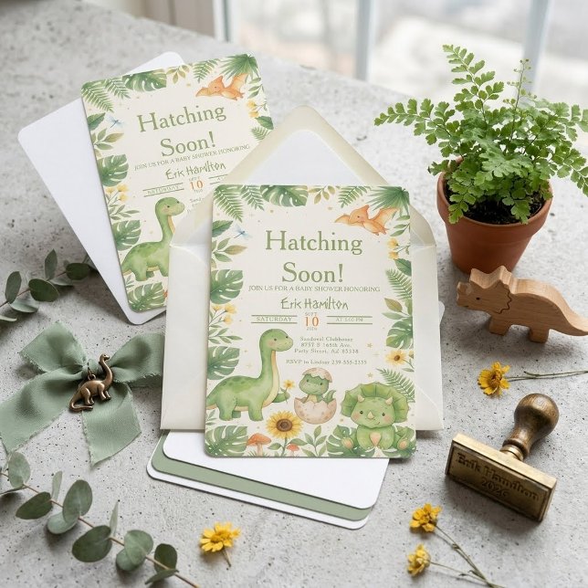 Cute Hatching Soon Dinosaur Baby Shower Invitation (Creator Uploaded)