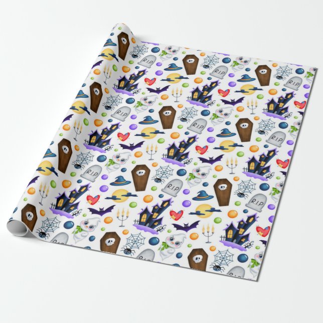 Cute Haunted House Halloween Pattern Wrapping Paper (Unrolled)