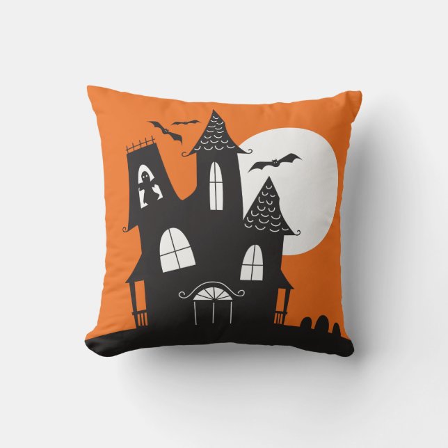 Cute Haunted House Halloween Throw Pillow (Front)