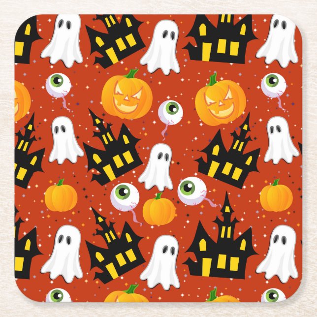 Cute Haunted House Party Square Paper Coaster (Front)