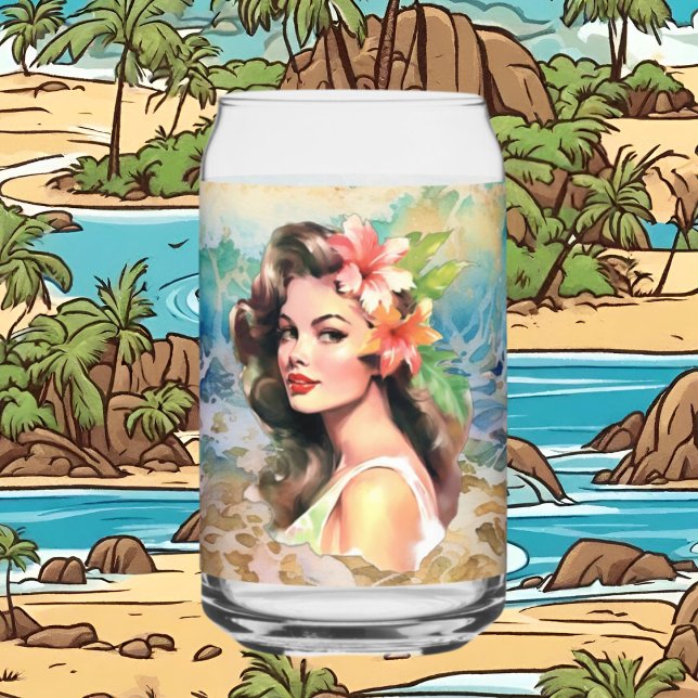 Cute Hawaii beach Retro lady beach house Can Glass (Creator Uploaded)