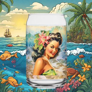 Cute Hawaii beach Retro lady beach house Can Glass